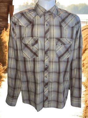 Wrangler brown tan yellow plaid long sleeve pearl snaps shirt XL